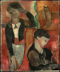 Zwei Kinder, eine Katze und ein Vogel